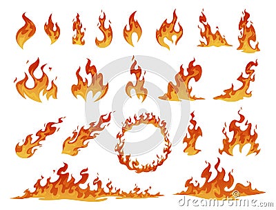 Collection of red and orange cartoon fire flame vector. Flammable fireball, circle, inferno light Vector Illustration