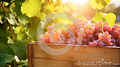 Collection of red rose grapes. Grapes in a basket and in the vineyard. Autumn mood in the wine industry in the Stock Photo