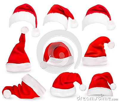 Collection of red santa hats. Vector Illustration