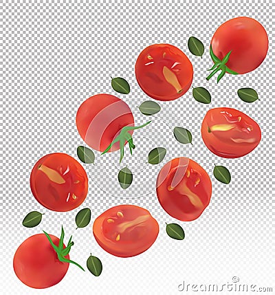 Collection red of tomato with leaves on transparent background. Tomato flying are whole and cut in half. Useful ripe Vector Illustration