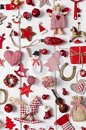 Collection of red and white checkered christmas decoration on wo Stock Photo