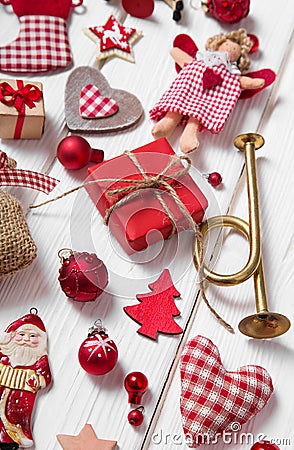 Collection of red and white checkered christmas decoration on wo Stock Photo