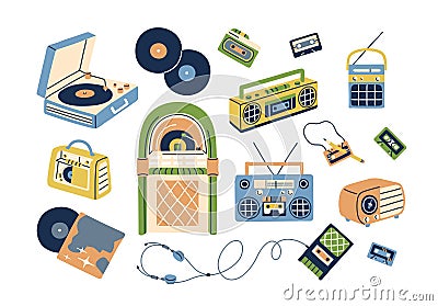 Collection of retro analog music players and cassette recorder, headphones, tape, jukebox, boombox. Set of vintage audio Vector Illustration