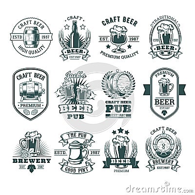 Collection of retro beer emblems, badges, stickers Vector Illustration