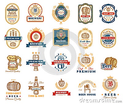 Collection of retro beer emblems, badges, stickers Vector Illustration