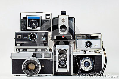 Retro camera collection stack Stock Photo