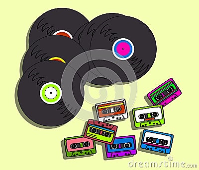 Collection of retro cassettes and music records on a white background. Vector Illustration
