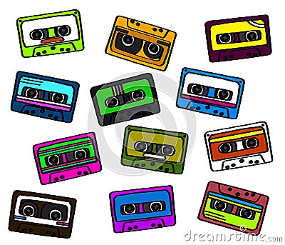 Collection of retro cassettes on a white background. Vector Illustration