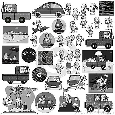 Collection of Retro Comic Army Man - Set of Concepts Vector illustrations Vector Illustration