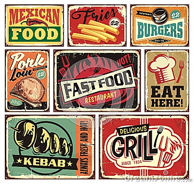 Collection of retro food restaurant signs and posters Vector Illustration