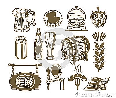 Collection retro icons of beer isolated on white. Stock Photo