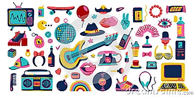 Collection retro icons elements in trendy 80s-90s hand-drawn cartoon style. Vector Vector Illustration