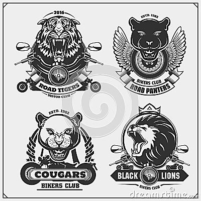 Collection of retro motorcycle labels, badges and design elements. Motor and biker club emblems with wild animals. Vector Illustration