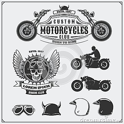 Collection of retro motorcycle labels, emblems, badges and design elements. Helmets, goggles and motorcycles. Vintage style. Vector Illustration
