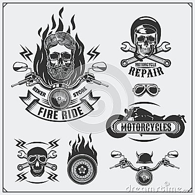 Collection of retro motorcycle labels, emblems, badges and design elements. Vintage style. Vector Illustration