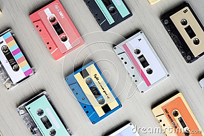 Collection of Retro Music Audio Cassette Tape 80s Stock Photo