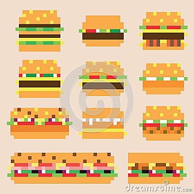 Collection of retro pixel hamburgers in vector Vector Illustration