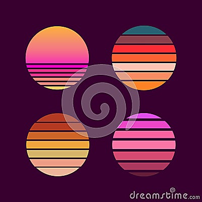 Collection of retro sunsets in the style of the 80-90s Vector Illustration