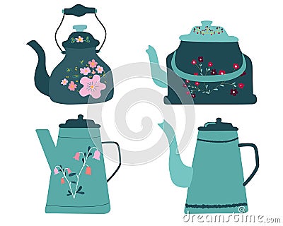 Collection of retro teal color kettles on white background Stock Photo