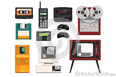 Collection of retro technique, audio music cassette, reel recorder, portable radio, pager, TV, tetris, diskette Vector Illustration