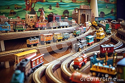 collection of retro toy trains on wooden tracks Stock Photo