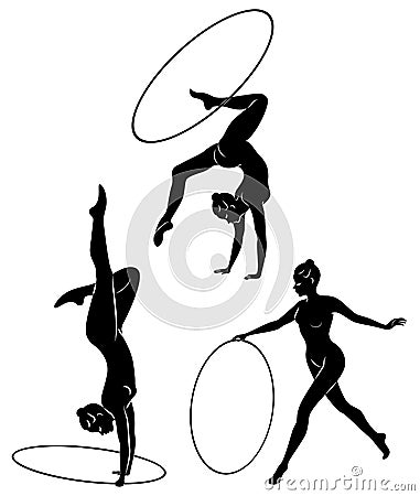 Collection. Rhythmic gymnastics. Silhouette of a girl with a hoop. Beautiful gymnast. The woman is slim and young. Vector Stock Photo