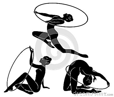 Collection. Rhythmic gymnastics. Silhouette of a girl with a hoop. Beautiful gymnast. The woman is slim and young. Vector Stock Photo