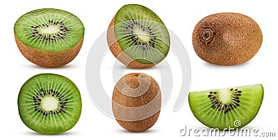 Collection ripe kiwi fruit, whole, cut in half, slice Stock Photo