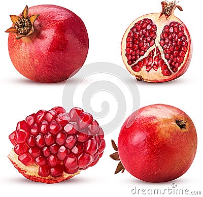Collection ripe pomegranate fruit, whole, cut in half, slice Stock Photo