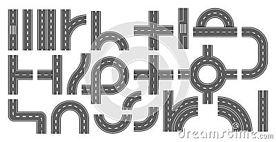 Collection Of Road Sections For Creating Intricate Maps Or Designs. Various Road Types Such As Straight Paths Vector Illustration