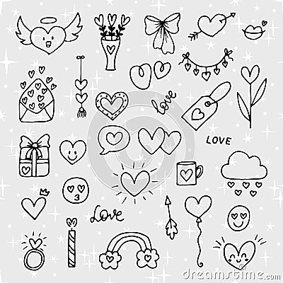 Collection of romantic objects and symbols. Love, wedding, date, Valentine. Hand drawn, doodle, sketch style line Vector Illustration