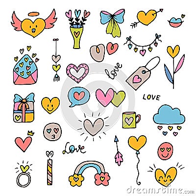 Collection of romantic objects and symbols. Love, wedding, date, Valentine. Hand drawn, doodle, sketch style line Vector Illustration