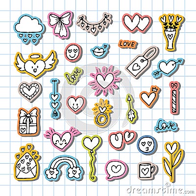 Collection of romantic objects and symbols. Stickers. Love, wedding, date, Valentine. Hand drawn, doodle, sketch style line Vector Illustration