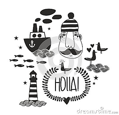 Collection with romantic sea life characters. Vector Illustration