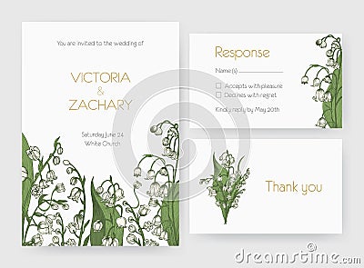 Collection of romantic wedding invitation, Save The Date and response card templates decorated with wild lily of the Vector Illustration