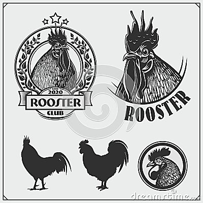 Collection of Rooster labels, badges, emblems and design elements. Vector Illustration