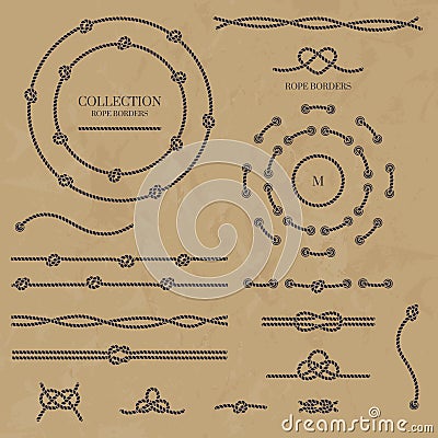 Collection of rope knots. Rope frames, borders and knots. Vector Illustration