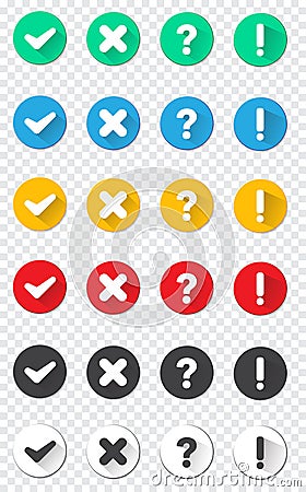 Collection round buttons with sign done, error, question mark, exclamation point. illustrations. Vector Illustration
