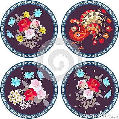 Collection of round doilies with bouquets of gardening flowers and fairy peacock with ornamental paisley frames. Vector Illustration