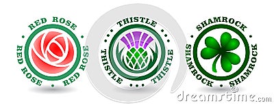 Collection of round logotypes with rose, thistle, shamrock. National symbols of England, Scotland, Ireland Vector Illustration