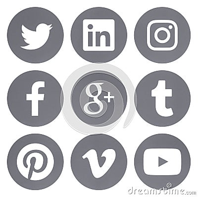 Collection of round popular social media gray logos Editorial Stock Photo