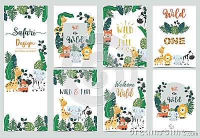 Collection of safari background set with giraffe,zebra,fox,lion.Editable vector illustration for birthday invitation,postcard and Vector Illustration