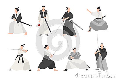 Collection of samurai isolated on white background. Set of male Japanese warriors wearing various clothes, standing in Vector Illustration