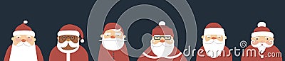 Collection of Santa Claus Characters, various faces with beard and hat flat icons. Santa Claus cartoon characters Christmas Vector Illustration