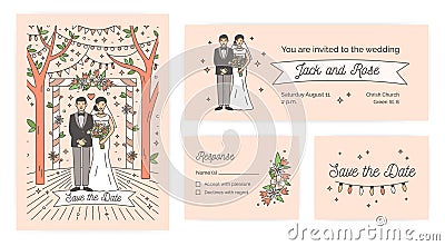 Collection of Save The Date card, wedding ceremony invitation and response note templates with cute cartoon bride and Vector Illustration