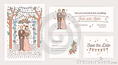 Collection of Save The Date card, wedding party invitation and response note templates with cartoon bride and groom on Vector Illustration