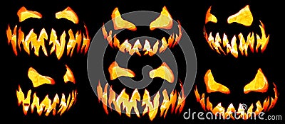 Collection of scary Halloween pumpkin Jack o lantern faces glowing red and yellow Stock Photo