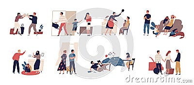 Collection of scenes of family conflict or relationship problem with unhappy married couples and children. Bundle of Vector Illustration