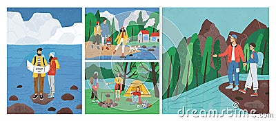 Collection of scenes with friends hiking or backpacking in forest or woods at river or sea. Set of young tourists or Vector Illustration