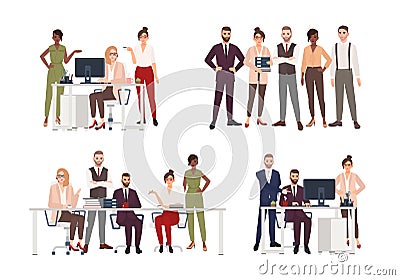 Collection of scenes with group of office workers or people working on computer, having business meeting or Vector Illustration